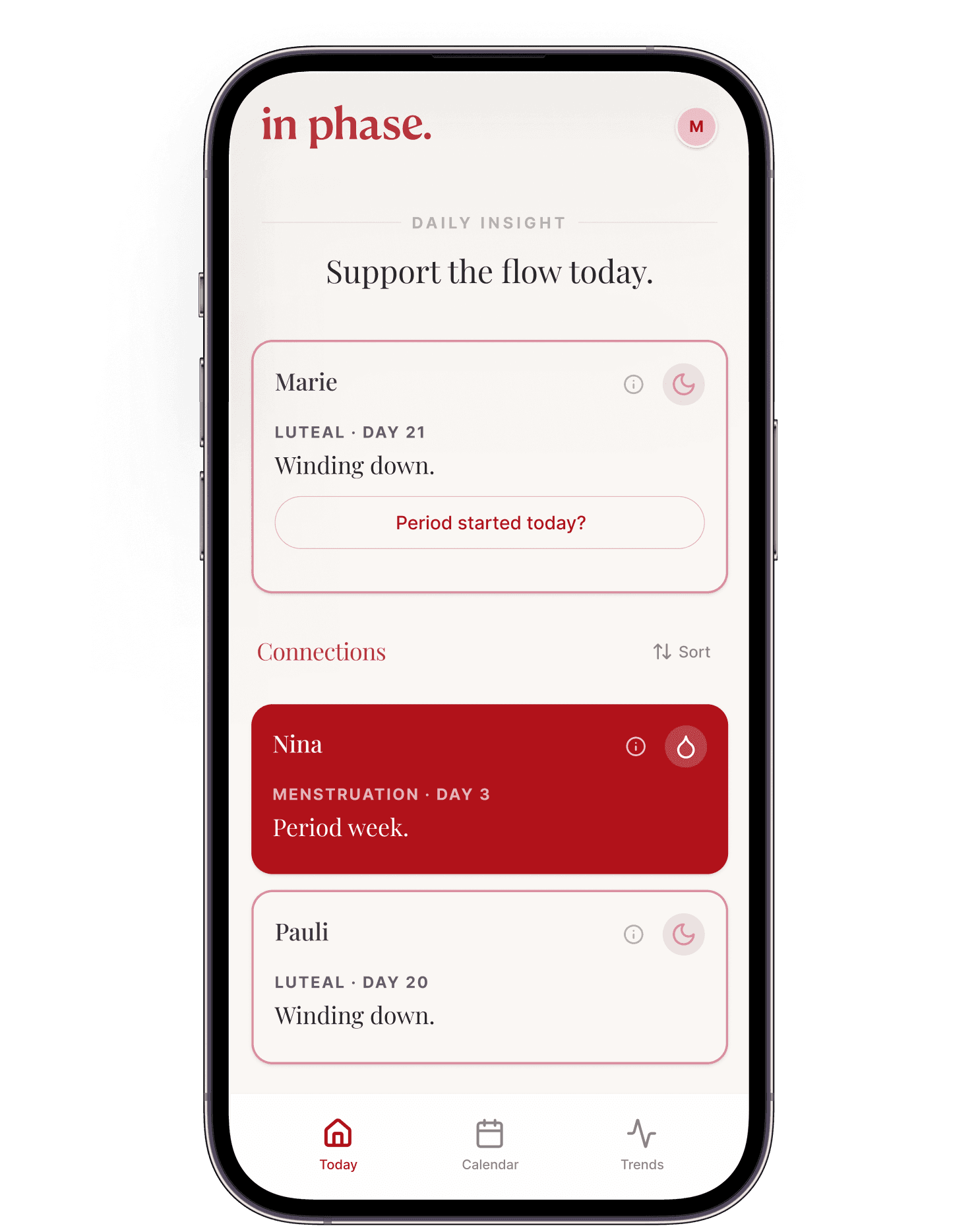 in-phase app — today screen showing shared cycle phases